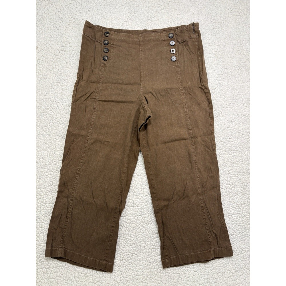 J. Jill Linen Stretch Sailor Pants Wide Leg Cropped Size 12 Capri Buttons Brown